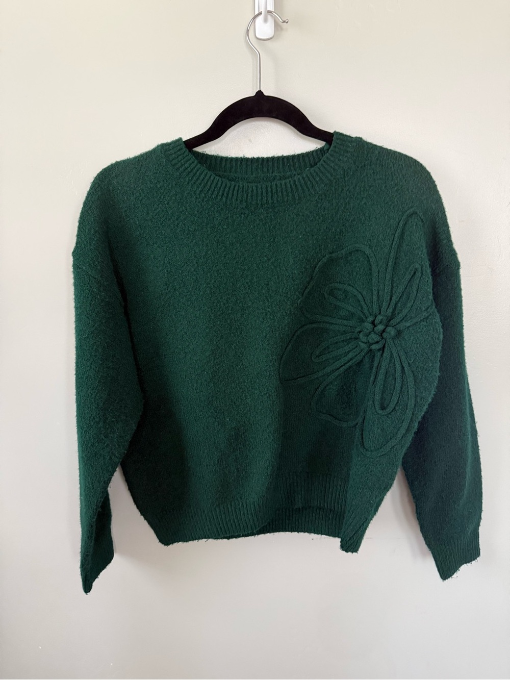 Amazon Dark Green Crewneck Sweater with Floral Appliqué